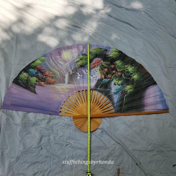 Vintage AsianFantasy Valley Large Bamboo & Silk Wall‎ Fan Handpainted 60"X35" - Picture 9 of 10
